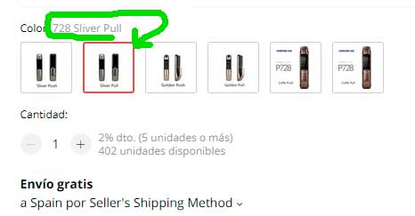 Selección de color (modelo) en Aliexpress